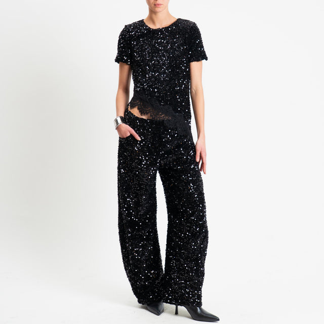 Motel-Blusa asimmetrica paillettes+pizzo - Nero