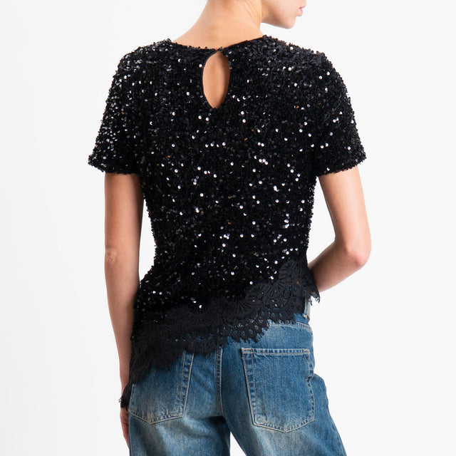 Motel-Blusa asimmetrica paillettes+pizzo - Nero