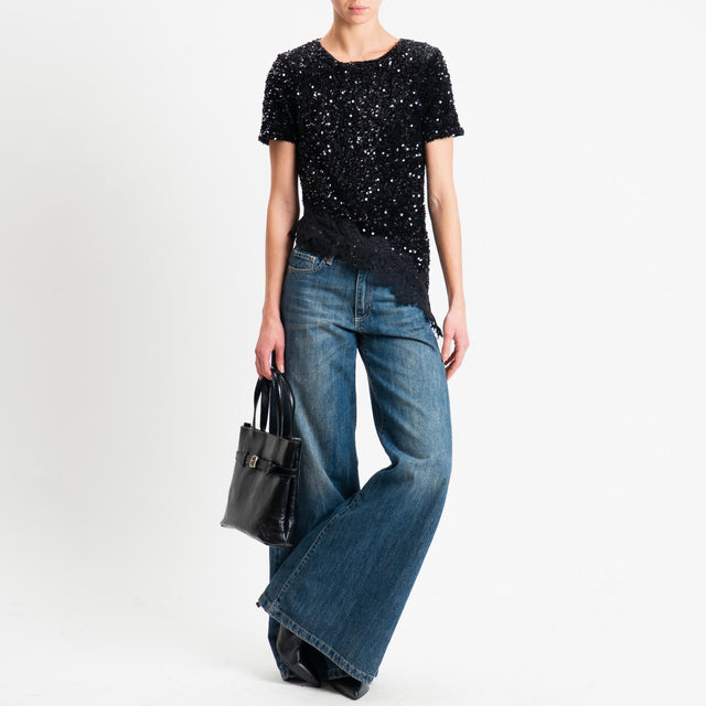 Motel-Blusa asimmetrica paillettes+pizzo - Nero