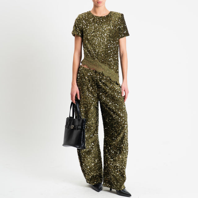 Motel-Blusa asimmetrica paillettes+pizzo - militare