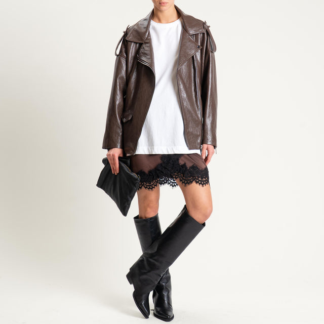 Motel- Minigonna portafoglio in satin con pizzo - marrone/nero