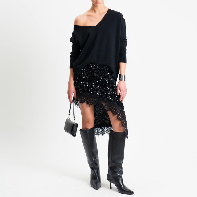 Motel-Gonna asimmetrica paillettes + pizzo - nero