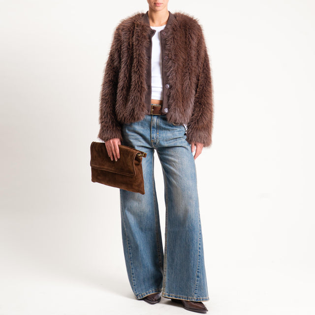 Motel- Bomber ecopelliccia con bordo in maglia - moro