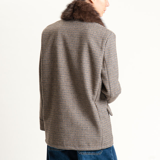 Motel-Giacca pied de poule con ecopelliccia - beige/moro/nero