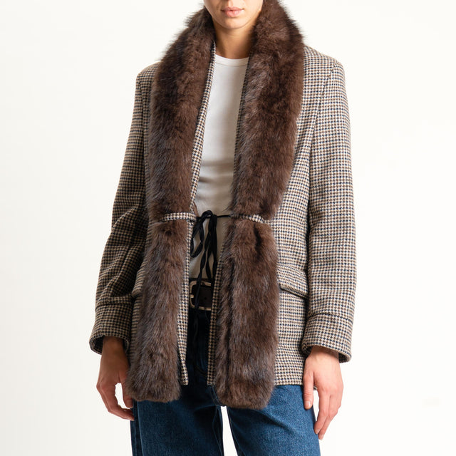 Motel-Giacca pied de poule con ecopelliccia - beige/moro/nero