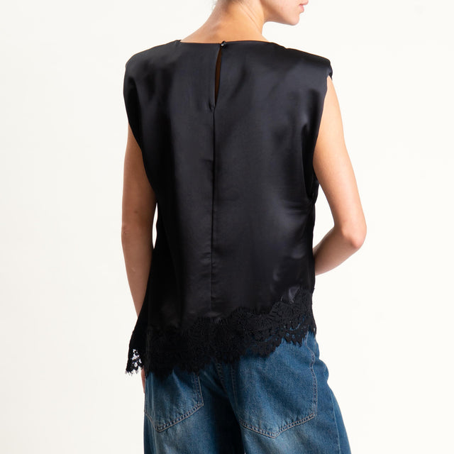 Motel- Blusa smanicata satin con pizzo - Nero