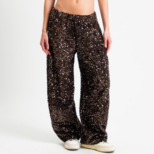 Motel-Pantalone paillettes elastico in vita - moro