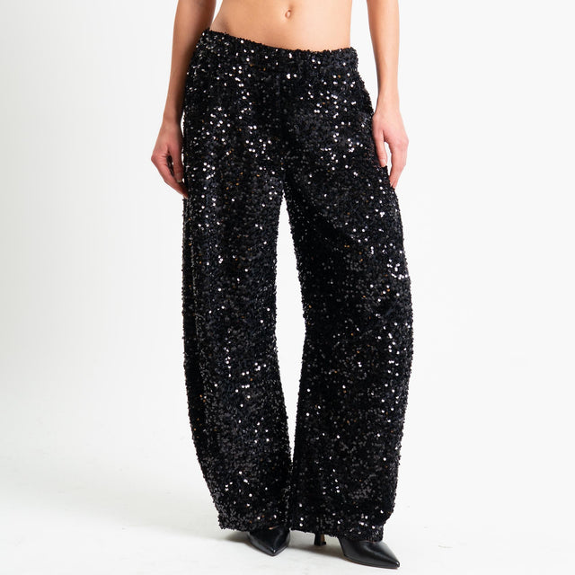 Motel-Pantalone paillettes elastico in vita - nero