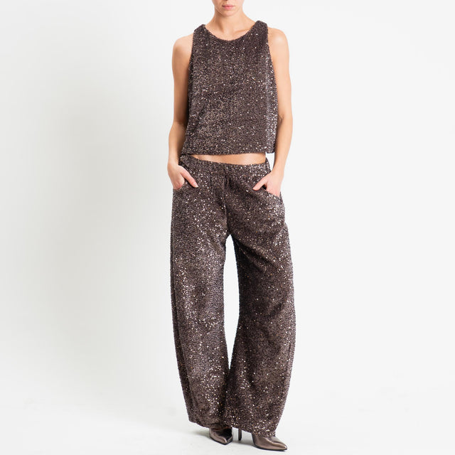 Motel-Pantalone barrel paillettes velluto ciniglia - fango