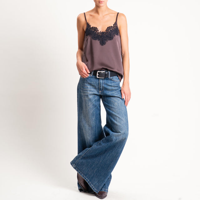 Motel-Top satin con pizzo - marrone/nero