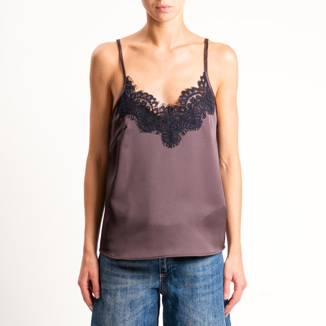 Motel-Top satin con pizzo - marrone/nero