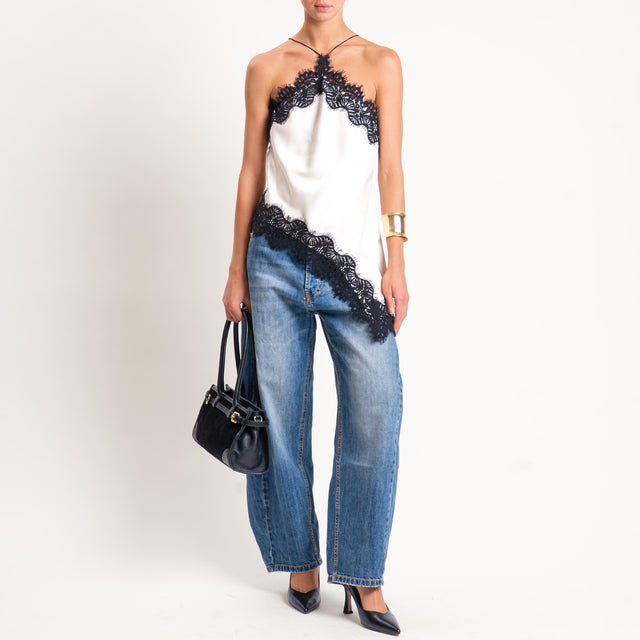 Motel-Top satin con pizzo - avorio/nero