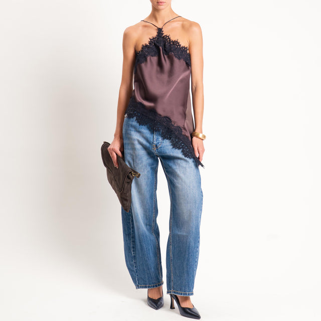 Motel-Top satin con pizzo - marrone/nero