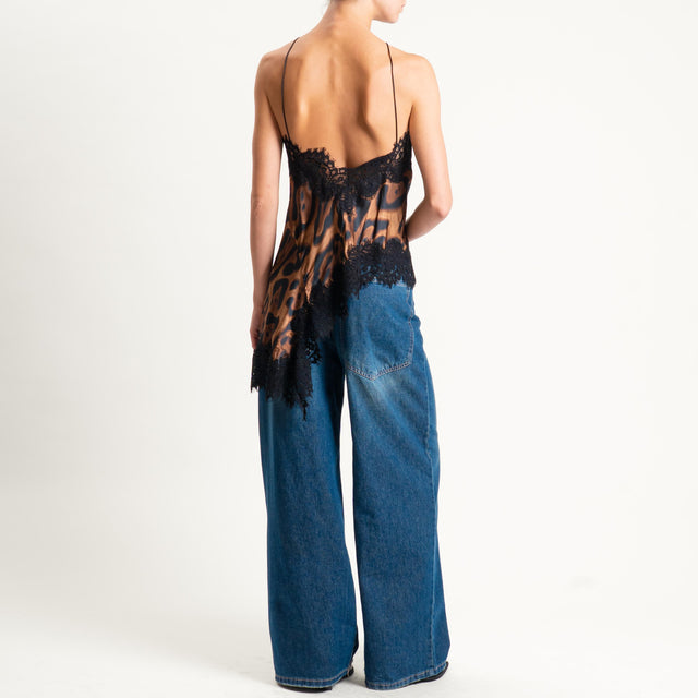 Motel-Top animalier in satin con pizzo - nero/moro