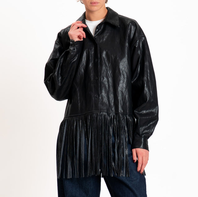 Motel-Giacca camicia similpelle con frange - nero