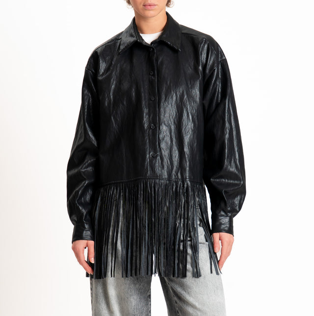 Motel-Giacca camicia similpelle con frange - nero