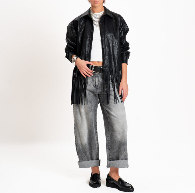 Motel-Giacca camicia similpelle con frange - nero