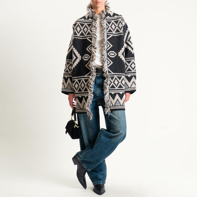 Motel- Cardigan jacquard con frange - black/sand/off white