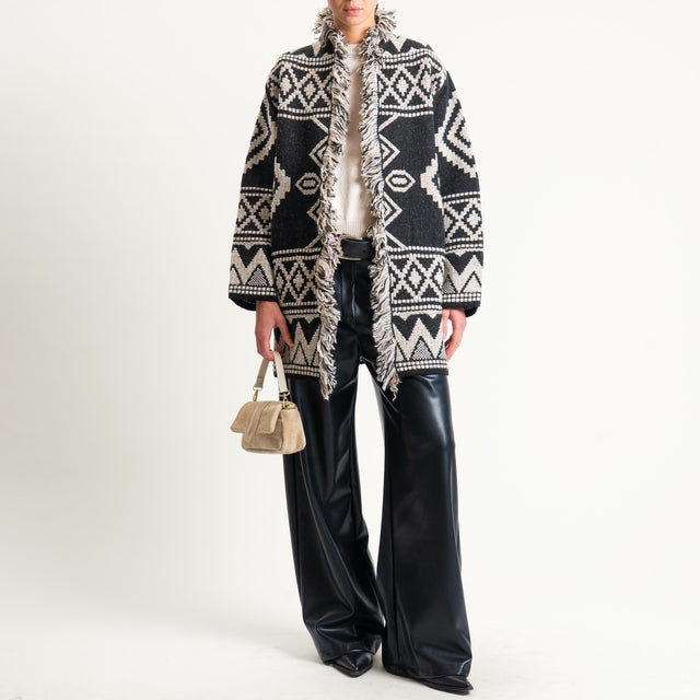 Motel- Cardigan jacquard con frange - black/sand/off white