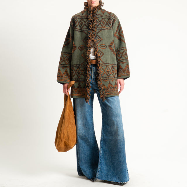 Motel- Cardigan jacquard con frange - green/black/brown