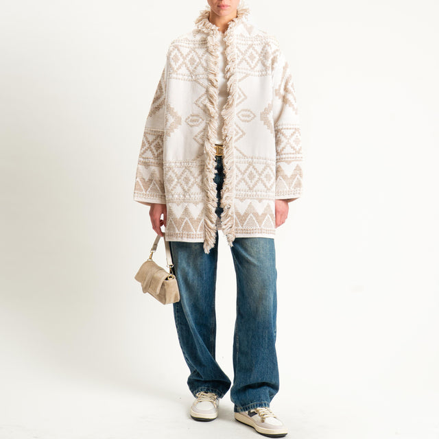 Motel- Cardigan jacquard con frange - off white/sand