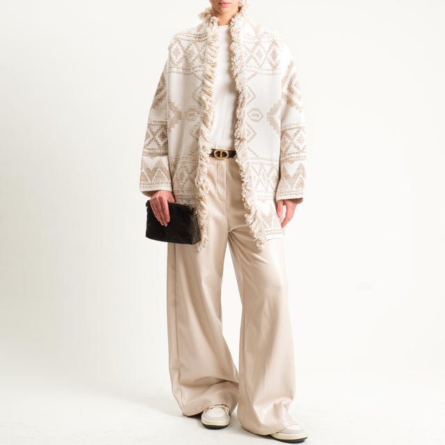 Motel- Cardigan jacquard con frange - off white/sand