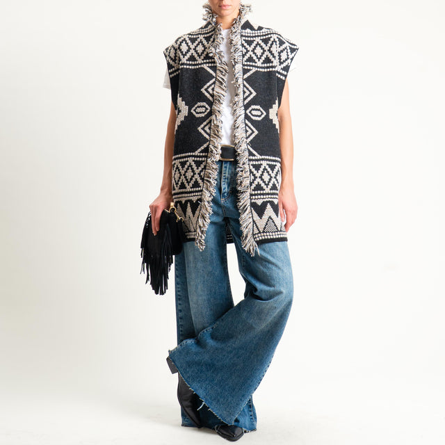 Motel- Gilet jacquard con frange - black/sand/off white