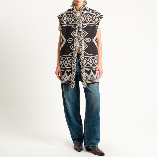 Motel- Gilet jacquard con frange - brown/sand/off white