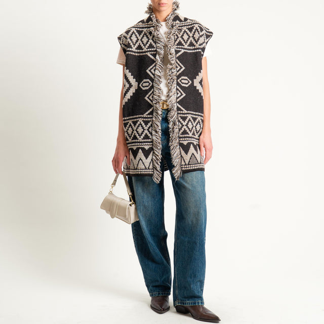 Motel- Gilet jacquard con frange - brown/sand/off white