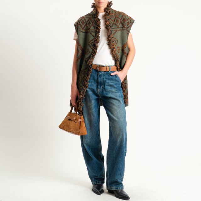 Motel- Gilet jacquard con frange - green/black/brown