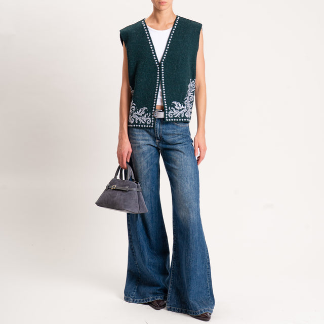 Motel-GIlet misto alpaca ricamato - verde/latte