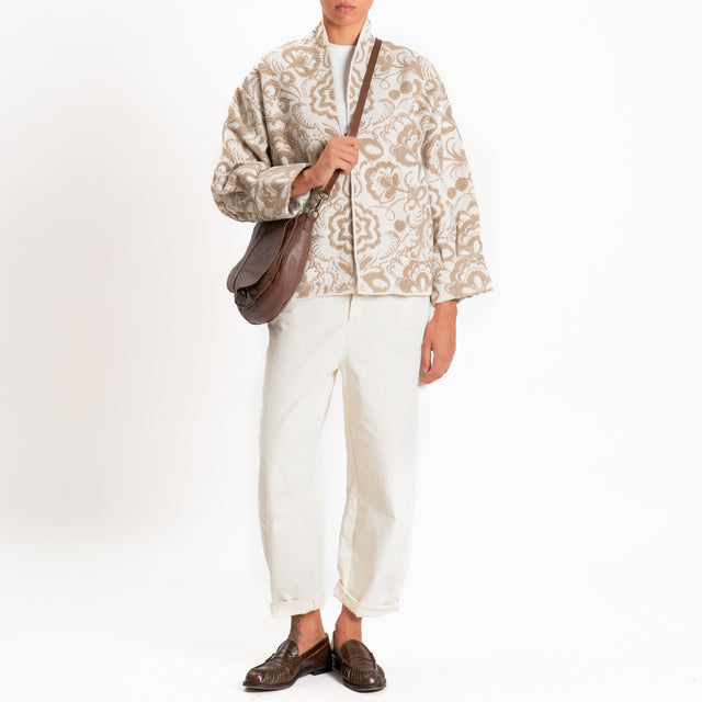 Motel-Cardigan misto alpaca fantasia floreale - panna/beige