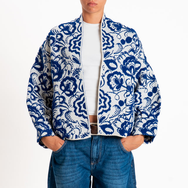 Motel-Cardigan misto alpaca fantasia floreale - panna/blu