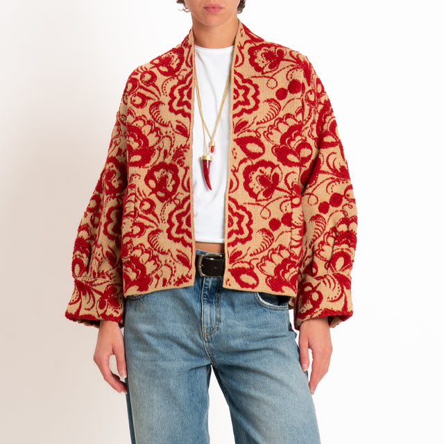 Motel-Cardigan misto alpaca fantasia floreale - cammello/rosso