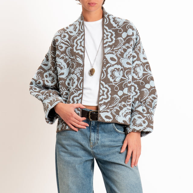 Motel-Cardigan misto alpaca fantasia floreale - fango/celeste