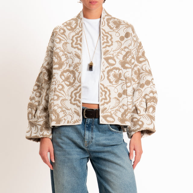 Motel-Cardigan misto alpaca fantasia floreale - panna/cammello