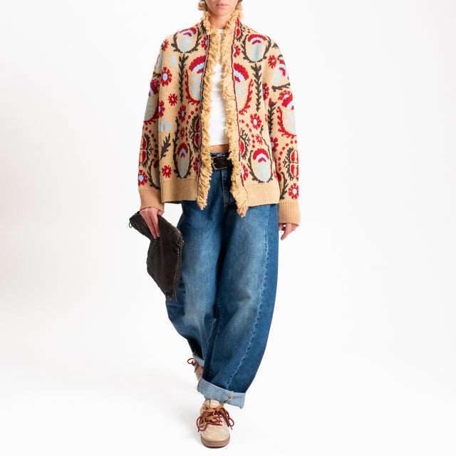 Motel-Cardigan fantasia etnica misto alpaca - cammello/sky/rosso