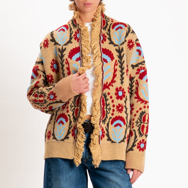Motel-Cardigan fantasia etnica misto alpaca - cammello/sky/rosso