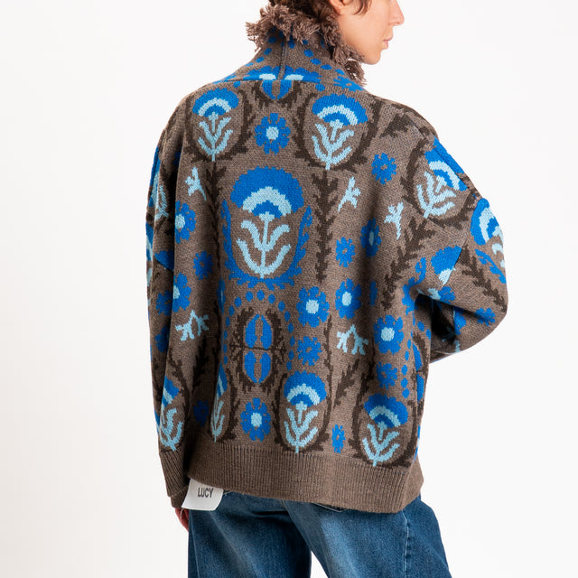 Motel-Cardigan fantasia etnica misto alpaca - fango/royal/sky