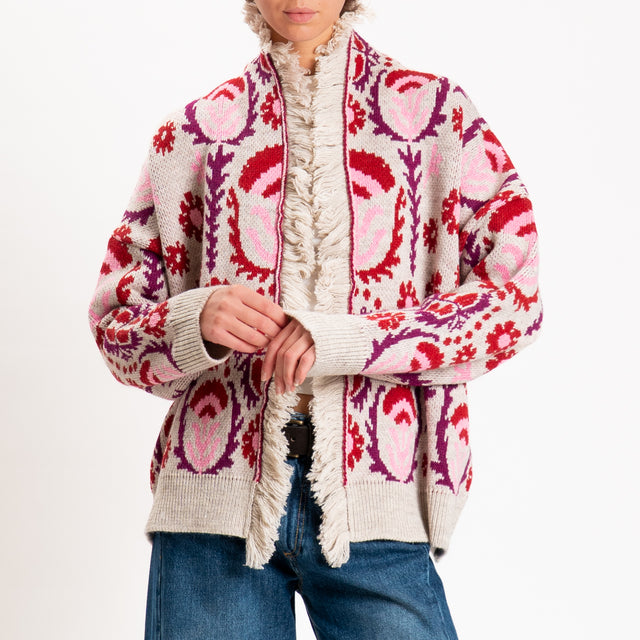 Motel-Cardigan fantasia etnica misto alpaca - panna/viola/rosa