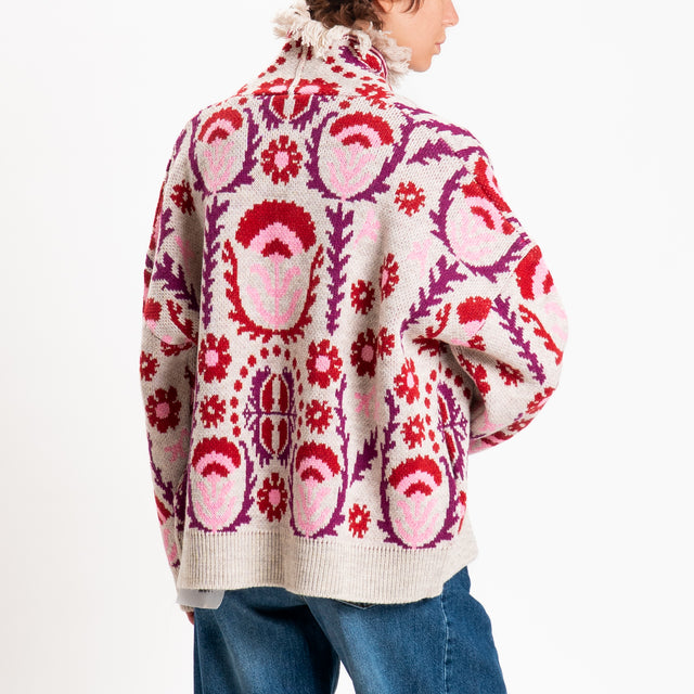 Motel-Cardigan fantasia etnica misto alpaca - panna/viola/rosa