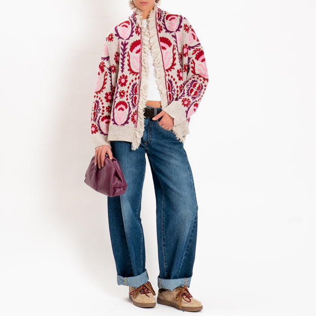 Motel-Cardigan fantasia etnica misto alpaca - panna/viola/rosa