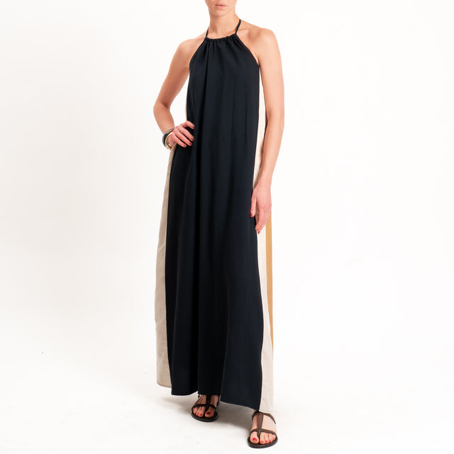 Motel-Abito misto lino scollo halter - nero/sabbia/cuoio