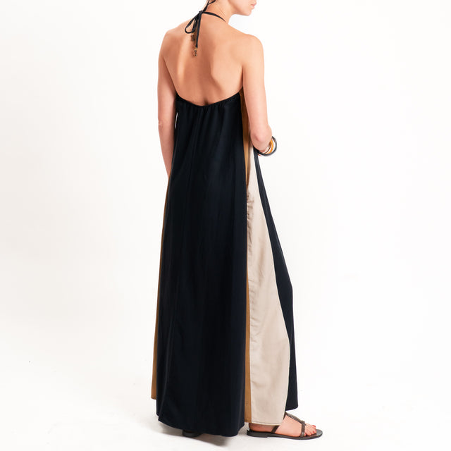 Motel-Abito misto lino scollo halter - nero/sabbia/cuoio