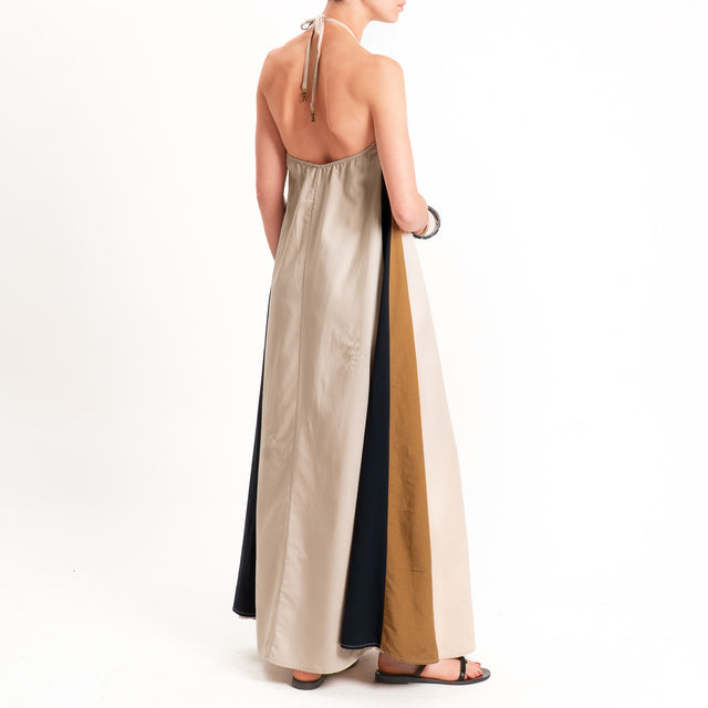 Motel-Abito misto lino scollo halter - sabbia/nero/cuoio