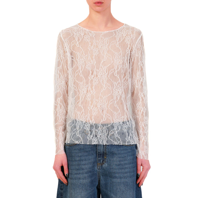 Zeroassoluto-Blusa in pizzo elasticizzato - latte