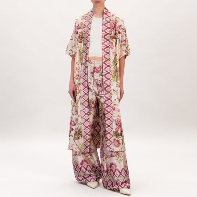 Tensione in-Kimono fantasia fiori double face - cipria/verde/mauve