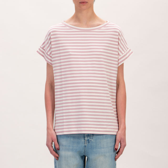 Zeroassoluto-T-shirt jersey scatola a righe - burro/rosa