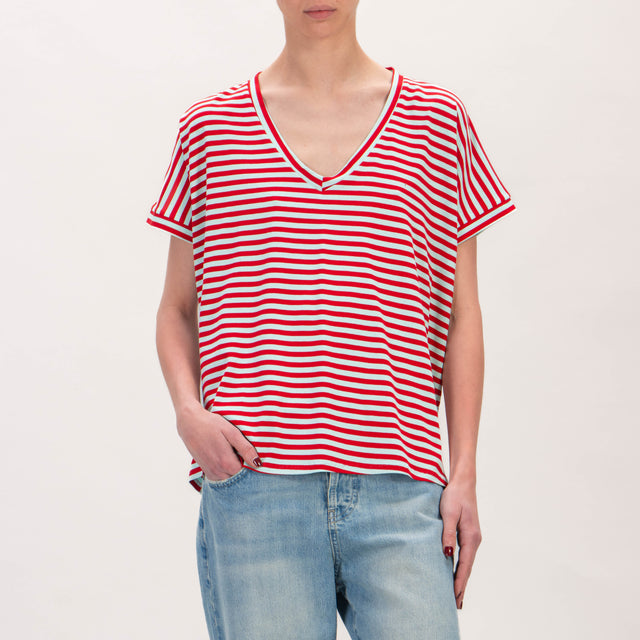 Zeroassoluto-T-shirt jersey righe scollo a v - rosso/acqua