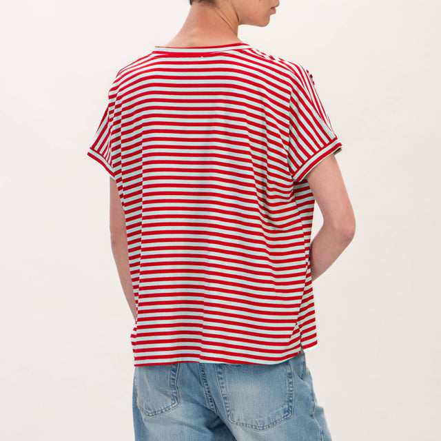 Zeroassoluto-T-shirt jersey righe scollo a v - rosso/acqua